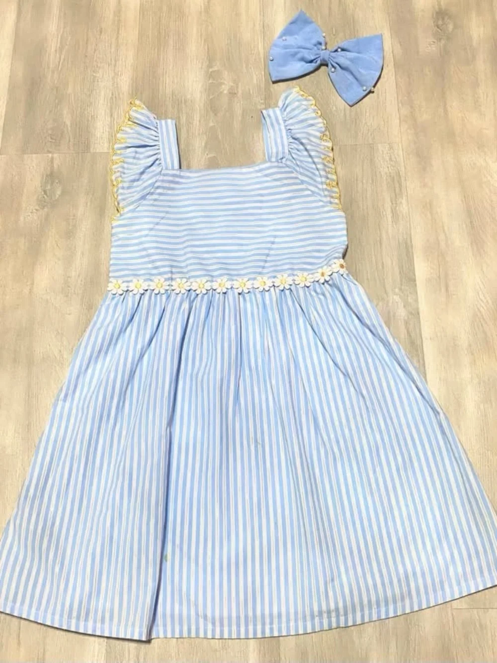 Blue Striped Daisy Waist Girls' Dress with Bow